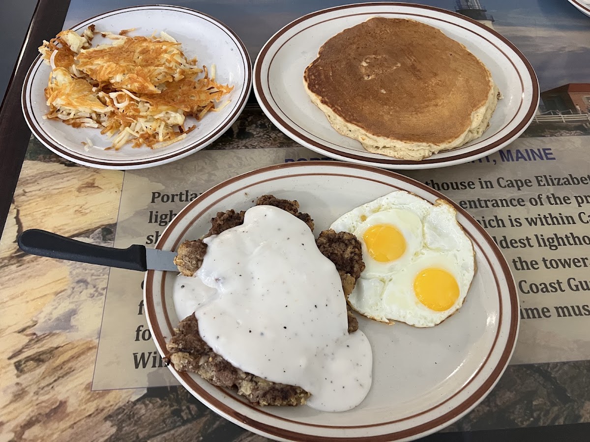 Breakfast plates at The Beacon — biscuits and gravy, eggs, and pancakes